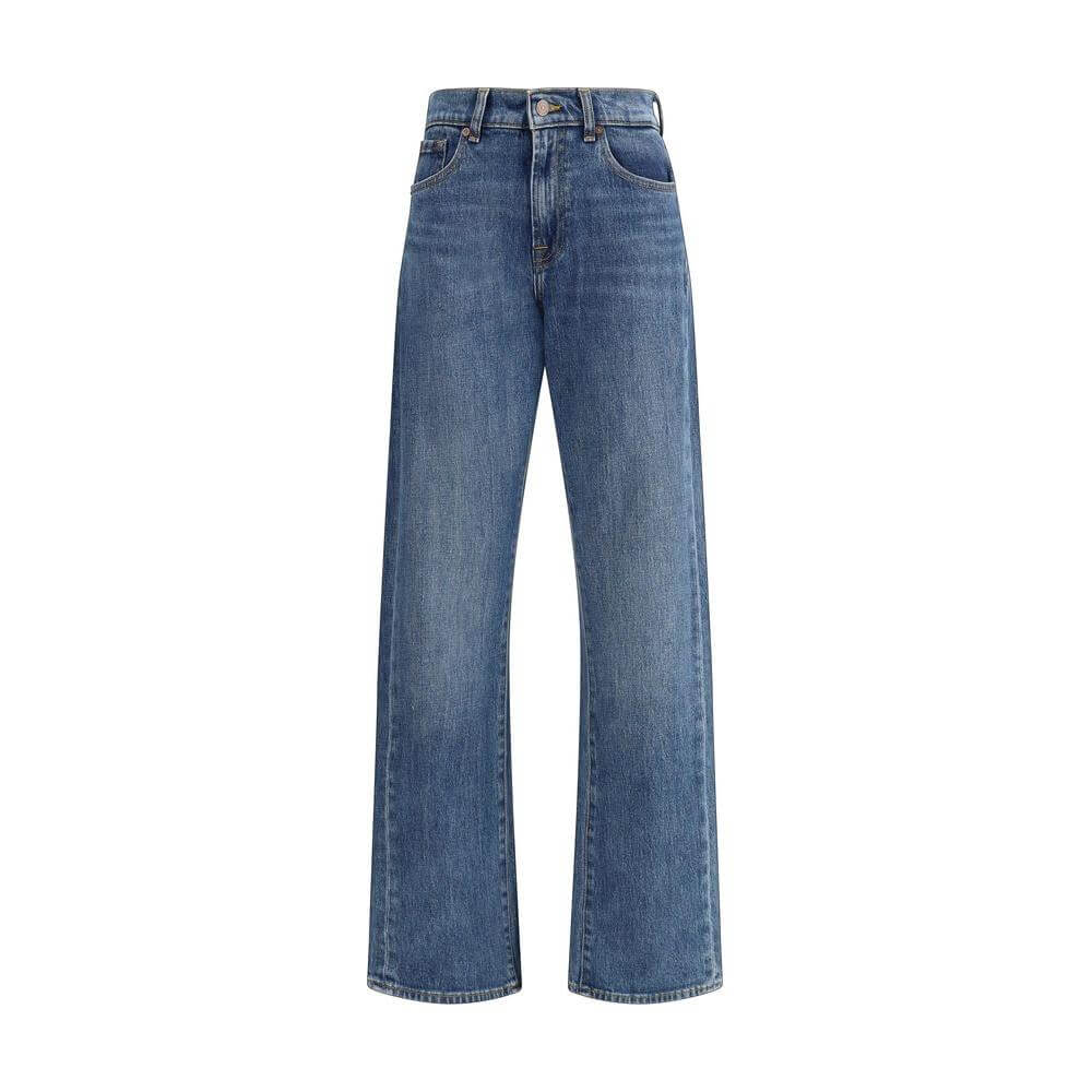 7FOR Jasper Jeans with straight five-pocket design and pressure-printed leather patch, featuring button-and-zip closure.