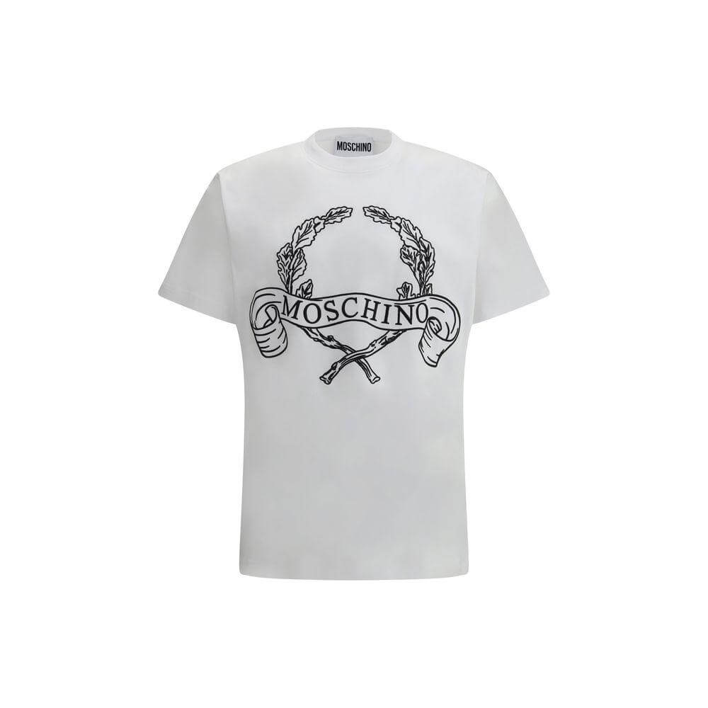 Moschino white cotton T-shirt with ribbed crew neck and decorative embroidered maxi monogram logo for a stylish, luxurious look.
