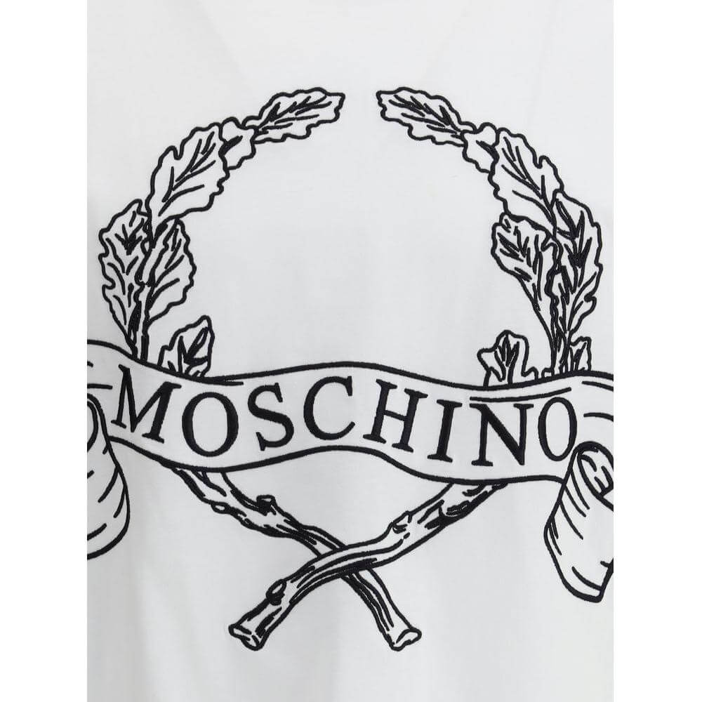 Moschino T-shirt with embroidered logo and monogram, ribbed crew neck, luxury fashion design for casual sophistication.