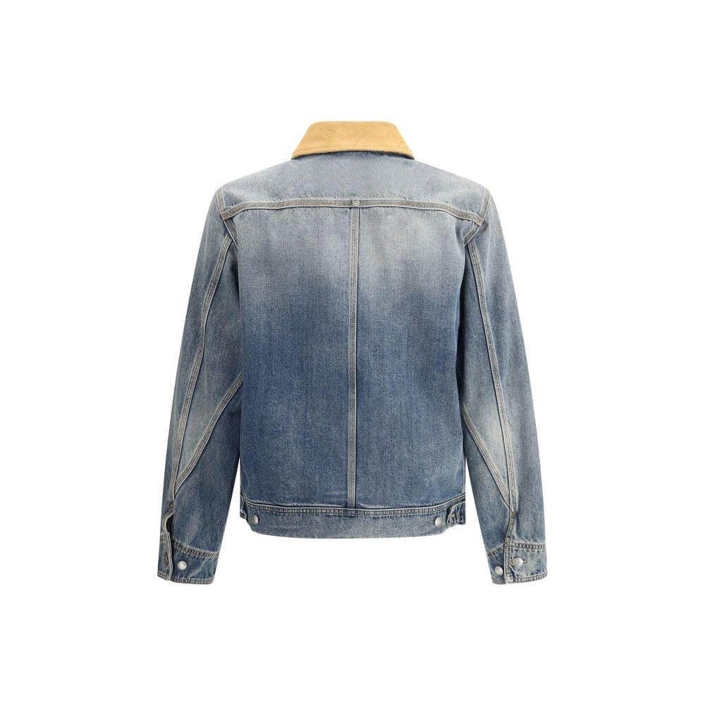 Back view of Alexander McQueen denim jacket with suede collar, showcasing classic and contemporary design elements.