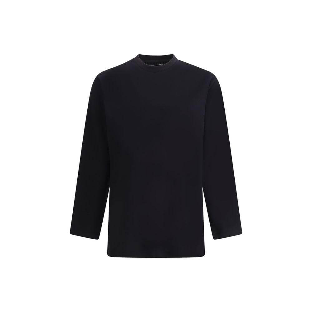 Y-3 black long sleeve jersey with ribbed crew neck, featuring iconic maxi print on back, showcasing minimalist modern style.