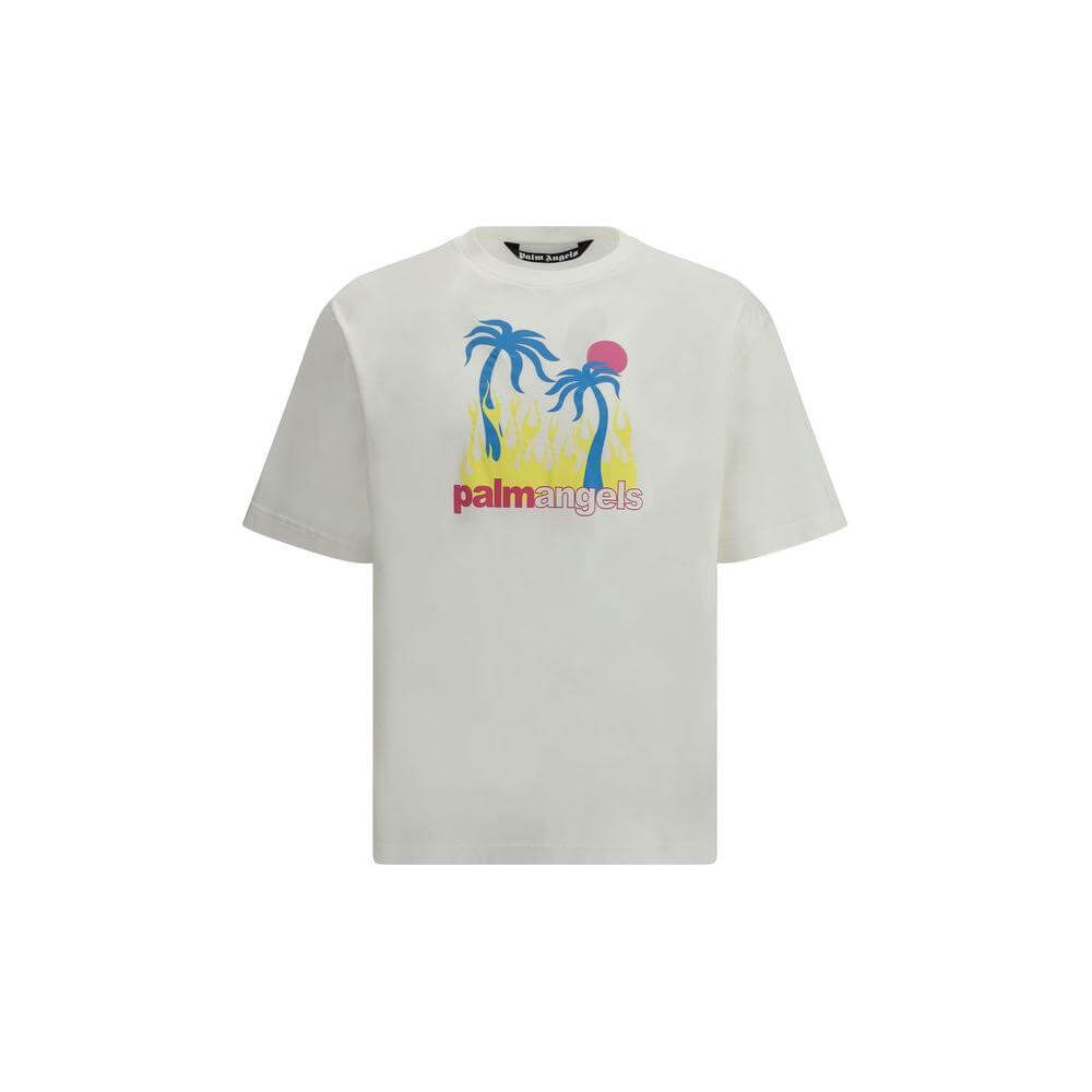 Palm Angels Burning Oasis T-Shirt with multicolored maxi print and ribbed crew neck, featuring palm trees and logo, iconic casual wear.