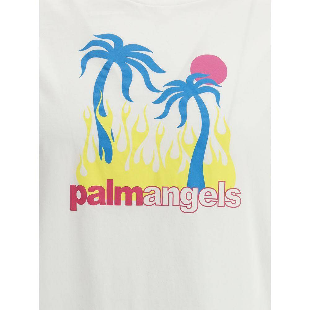 Palm Angels Burning Oasis T-Shirt with multicolored flaming palm print, featuring iconic monogram on white cotton fabric.