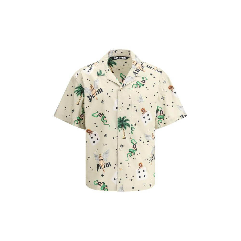 Alt Tag: Palm Angels Pin Up Bowling Shirt with vintage design, short sleeves, and logo. Retro streetwear style for bold casual looks.