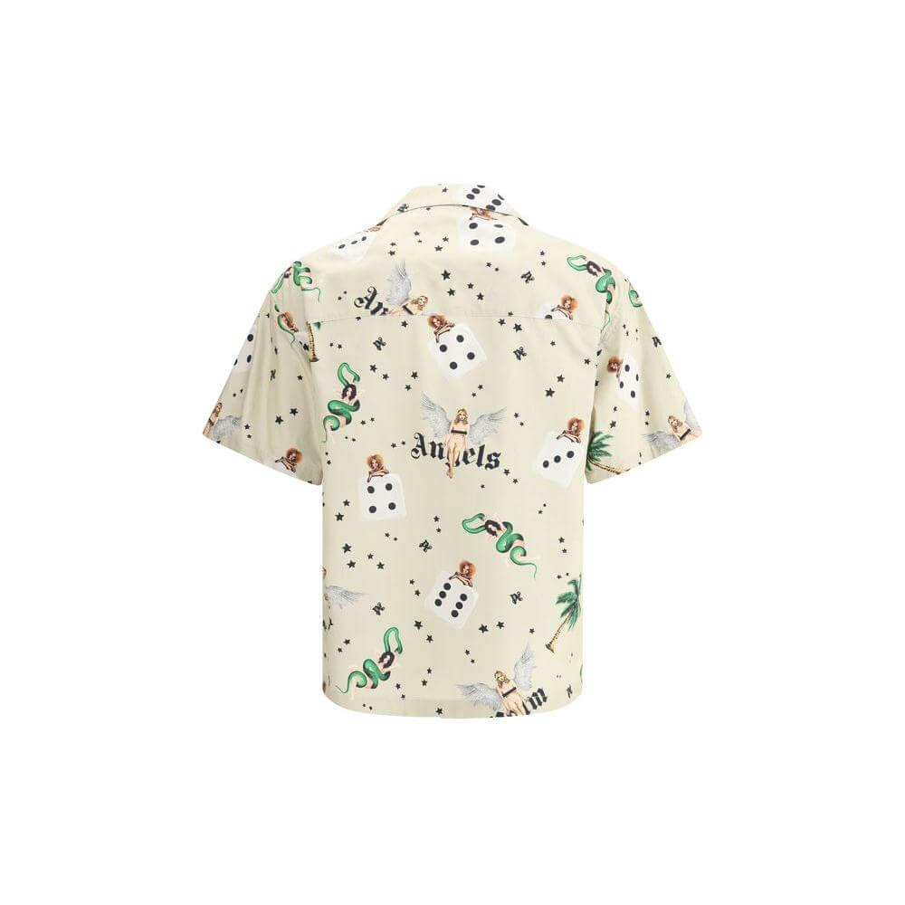 Palm Angels Pin Up Bowling Shirt with retro pin-up and logo print, short sleeves, and classic collar, perfect for stylish streetwear.