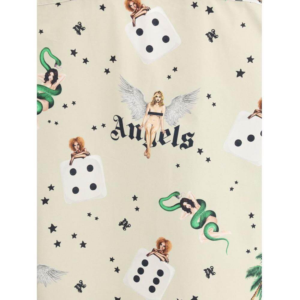Palm Angels Pin Up Bowling Shirt with retro pin-up and dice print, streetwear fashion featuring brand logo on beige fabric.