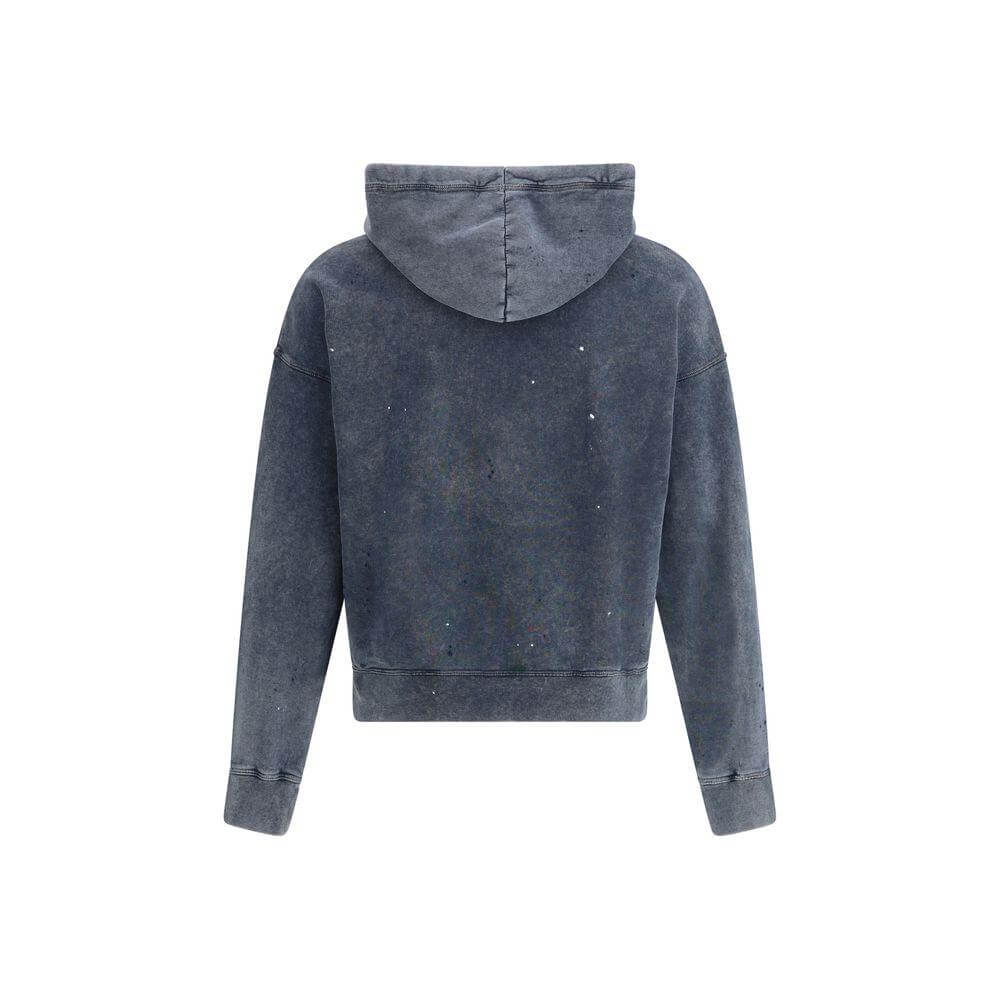 Back view of Dsquared² Cypro Hoodie in vintage paint-speckled design with adjustable hood and ribbed cuffs, showcasing modern style.