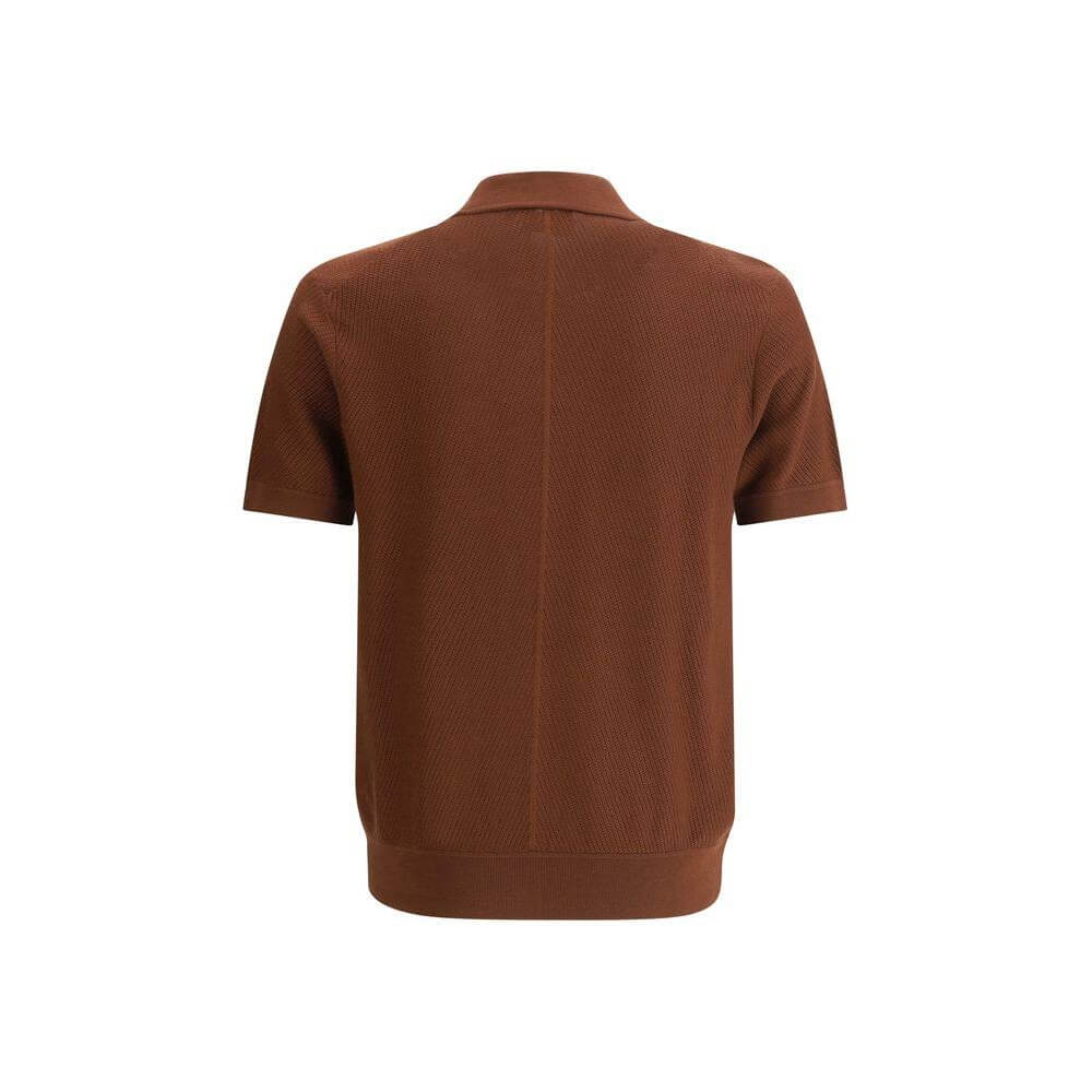 Brioni polo shirt in brown with classic collar and ribbed hem, showcasing a refined knit design for a timeless, elegant look.