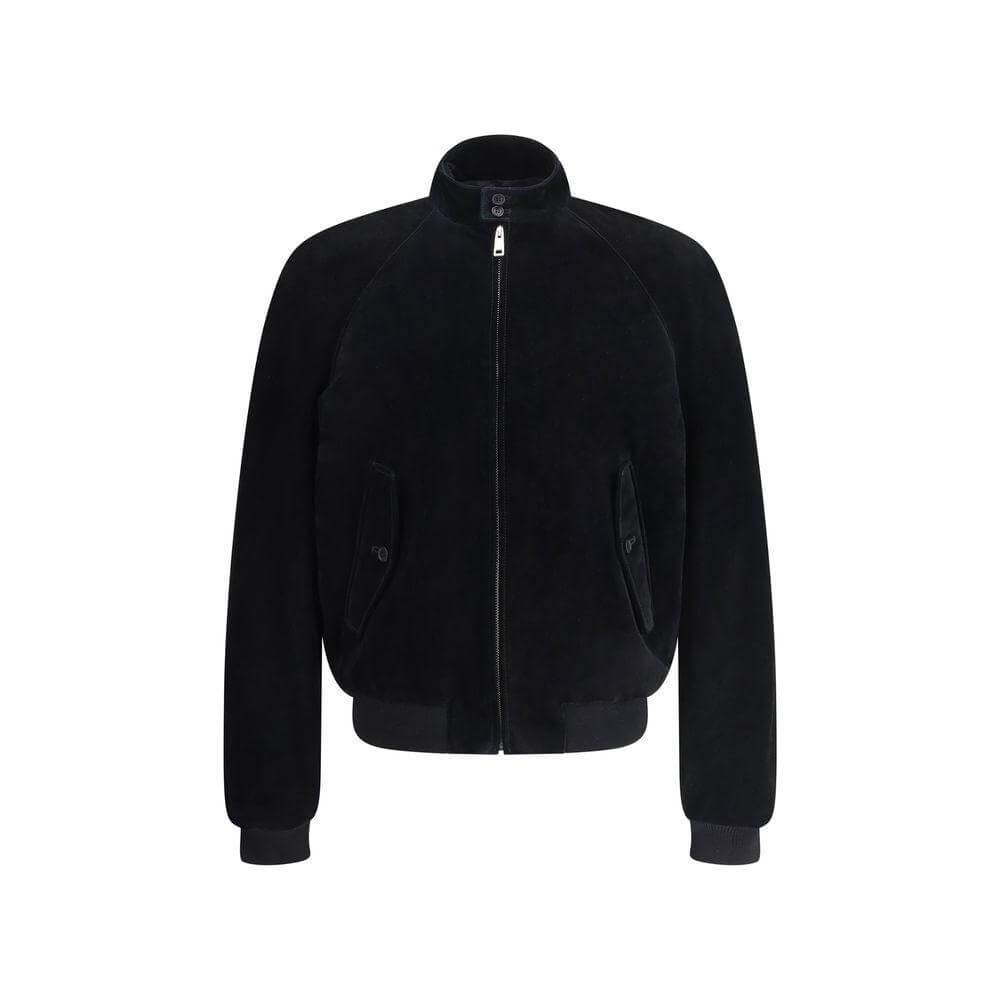 Prada suede bomber jacket with high collar, front zipper, and ribbed cuffs, featuring a triangular brand patch on the back.