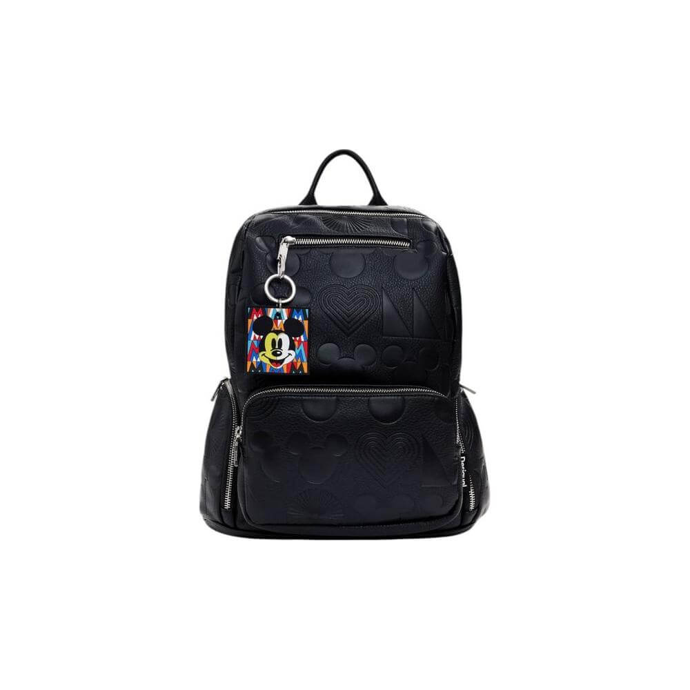 Desigual black polyethylene backpack for women, spring/summer collection, featuring Mickey Mouse design, 100% polyurethane.