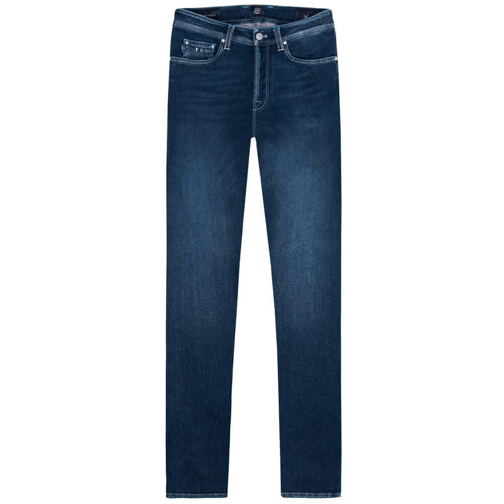 Tramarossa blue cotton men's jeans, regular fit with suede patch and metal logo, Italian design with comfortable stretch fabric.