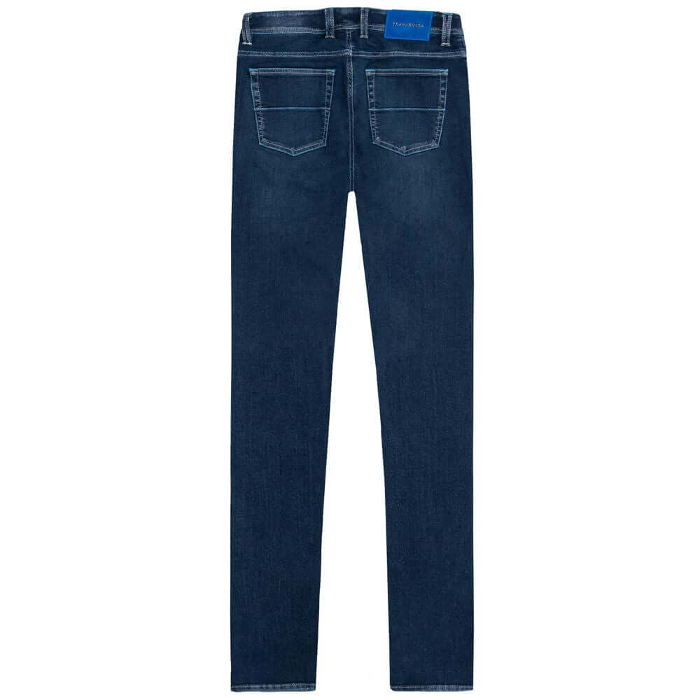 Tramarossa Blue Cotton Men's Jeans with Suede Patch and Five-Pocket Style, Showing Back View