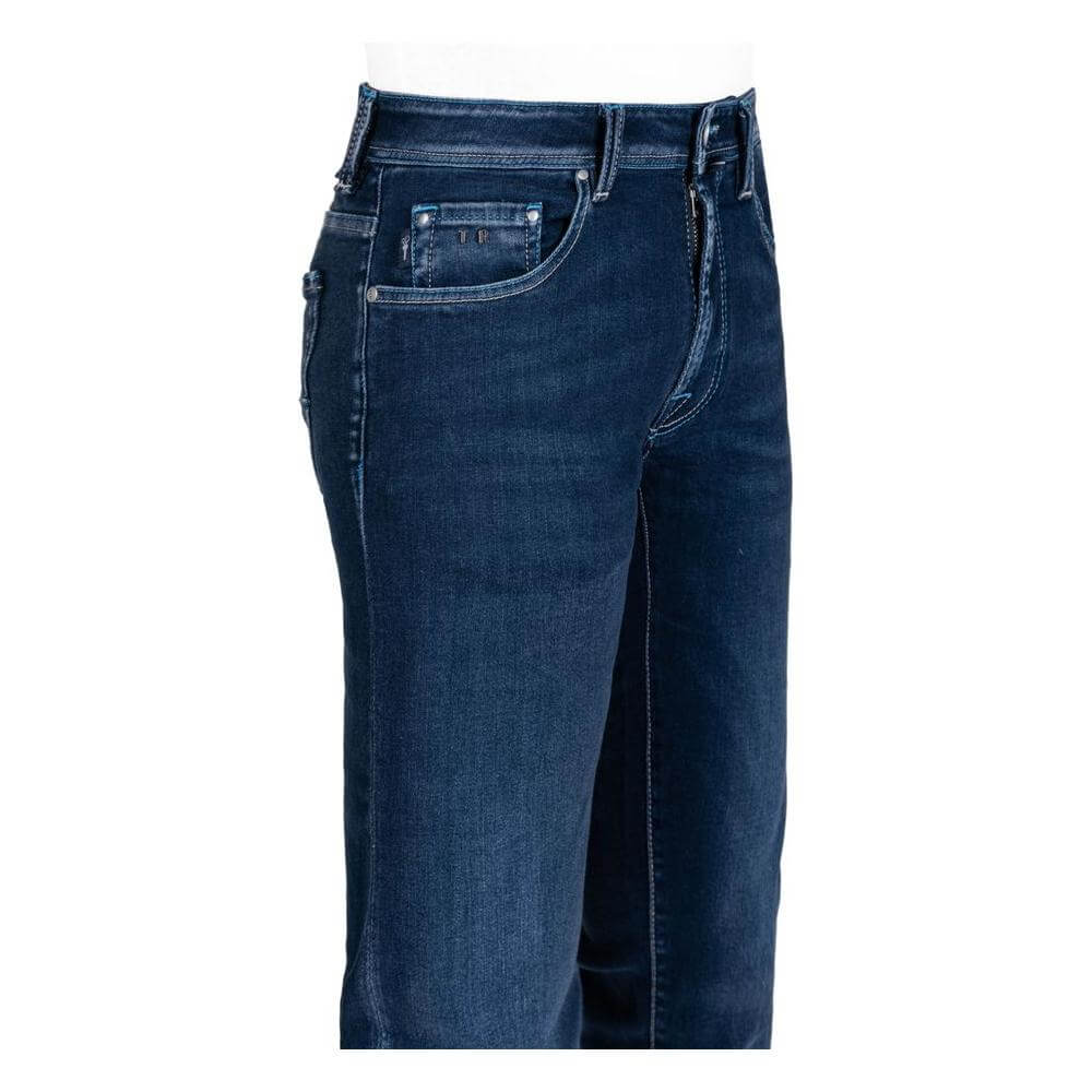 Tramarossa blue cotton men's jeans with elastane, regular fit, and five-pocket design, featuring a suede patch with metal logo.