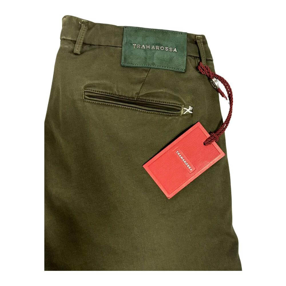 Tramarossa green cotton chino trousers with side pockets and back welt pockets, featuring a turn-up hem, made in Italy.