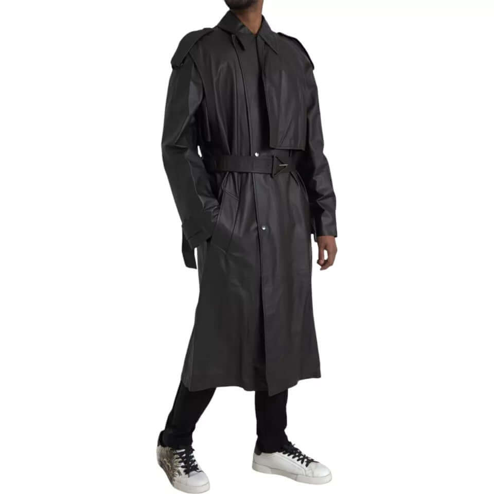 Bottega Veneta black leather men's waterproof trench coat jacket, full button closure, logo details, made in Italy