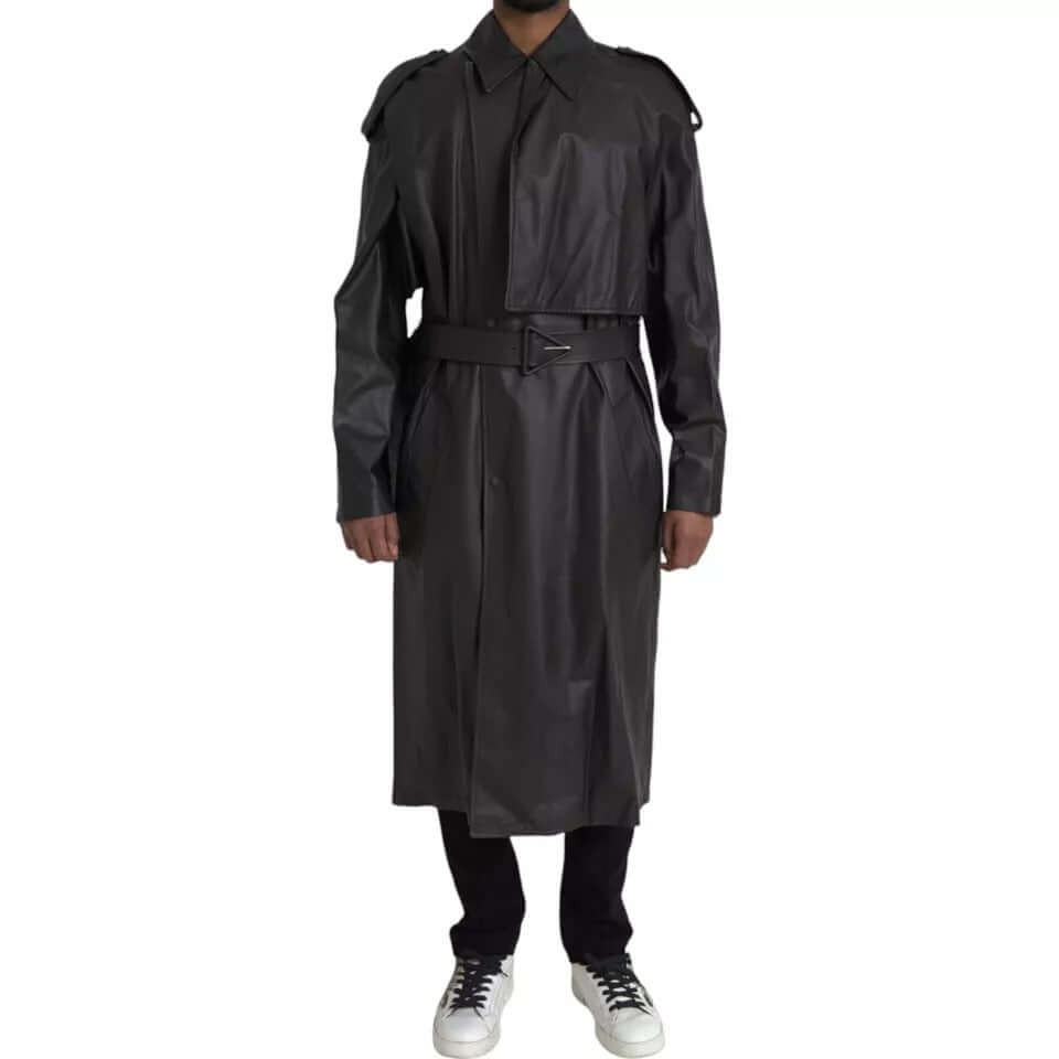 Bottega Veneta black leather men's trench coat with belt, button closure, and logo details, made in Italy, waterproof design.