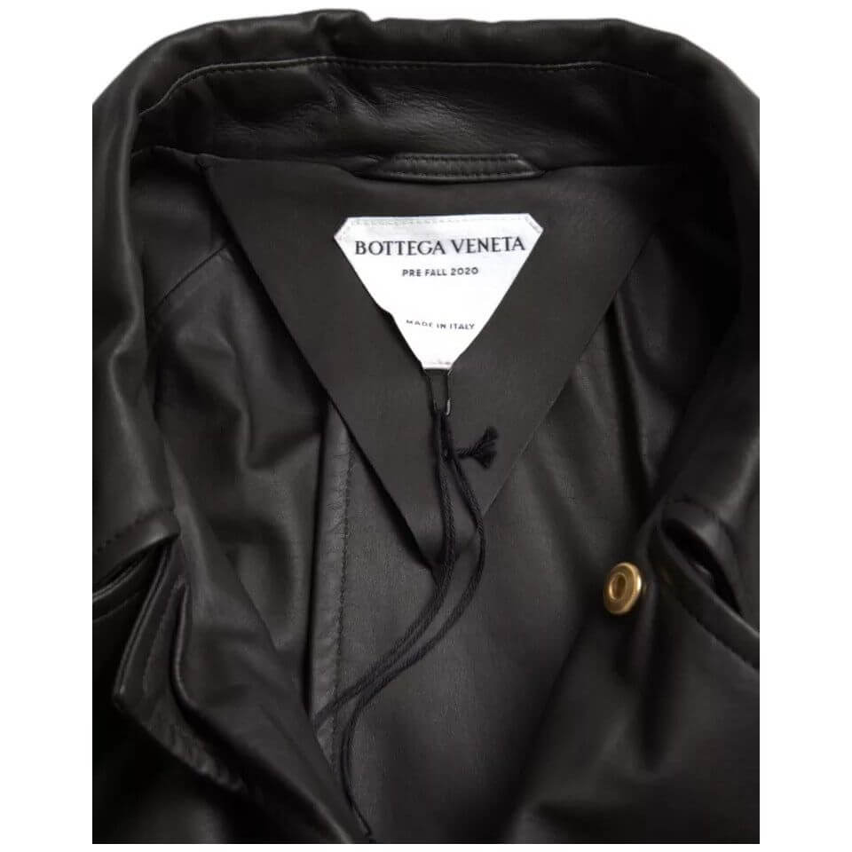 Bottega Veneta black leather men's trench coat jacket with logo, waterproof design, button closure, made in Italy.
