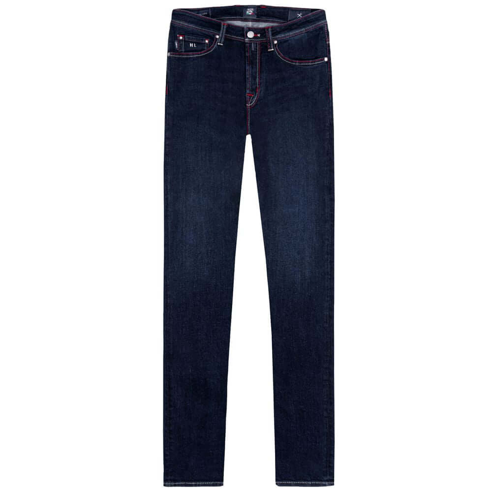 Tramarossa men's dark blue cotton jeans with red suede patch, regular fit, five-pocket design.