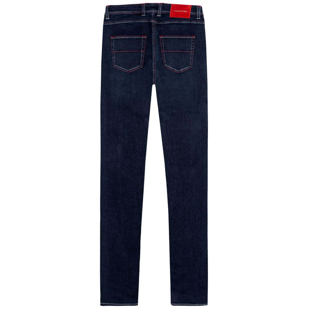 Tramarossa dark blue cotton jeans, men's regular fit, high-tailoring, five-pocket, red suede patch, rear view with logo.