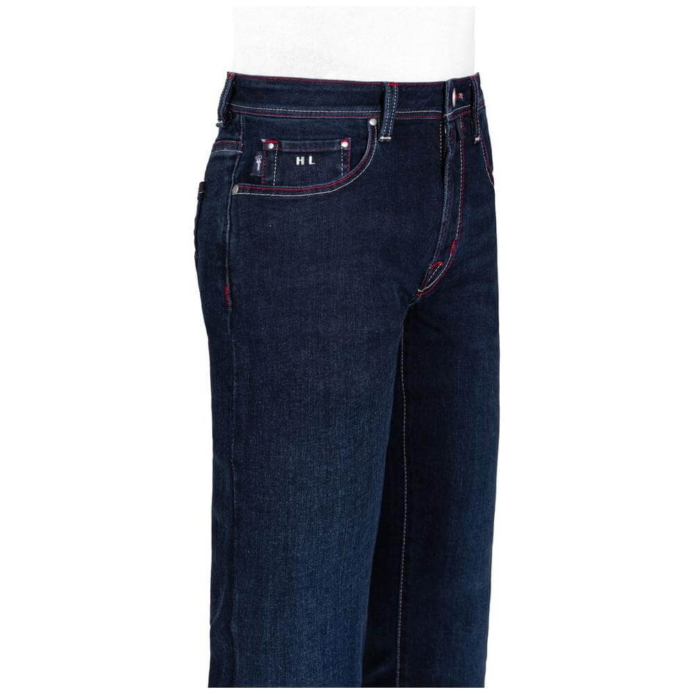 Tramarossa dark blue cotton jeans for men, regular fit, five-pocket style, red suede patch with metal logo, high-tailoring style.