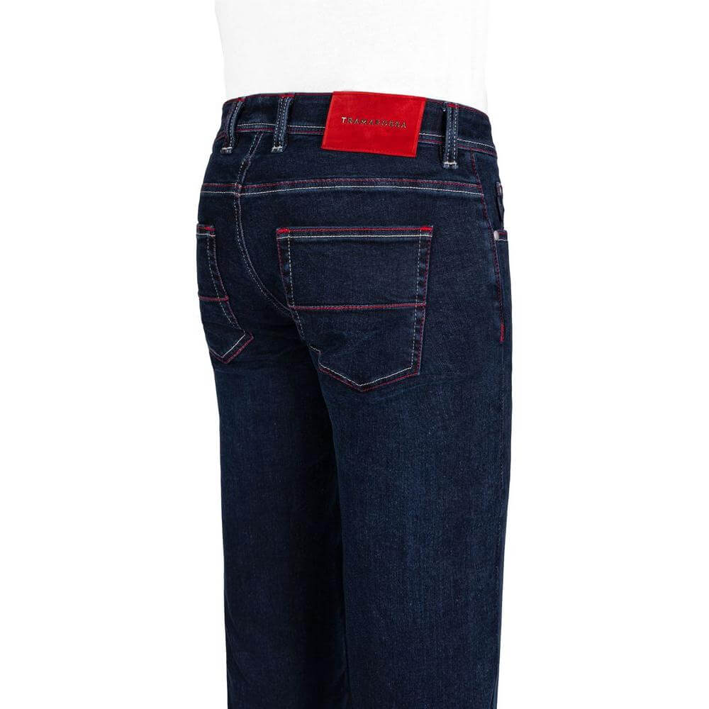 Tramarossa dark blue men's jeans, high-tailoring, stretch cotton, regular fit, with red suede patch and metal logo, back view.