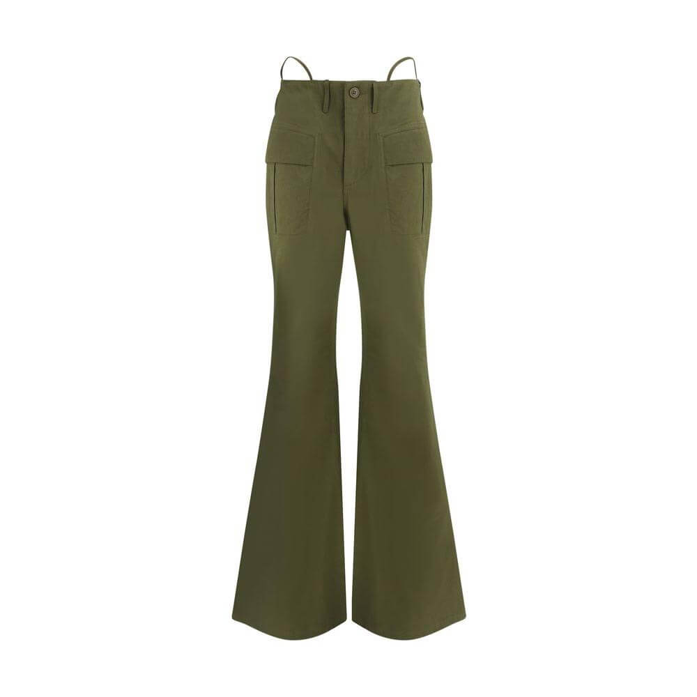 Olive green R13 Flare Pants with flared legs, front cargo patch pockets, button and zipper closure, belt loops for casual style.