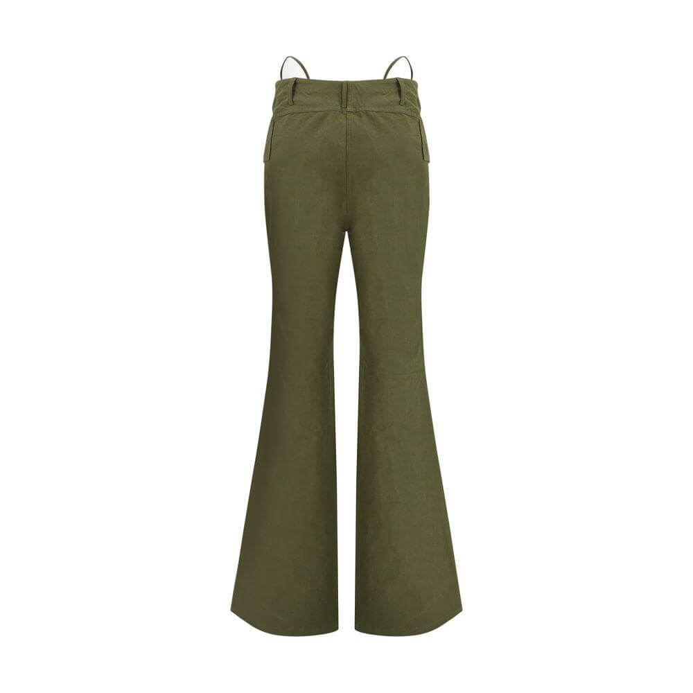 R13 Flare Pant in olive green with flared pattern, featuring front cargo patch pockets and belt loops for a casual, stylish look.