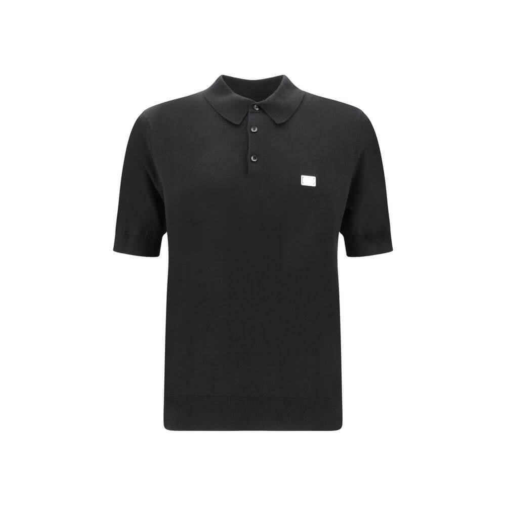 Dolce & Gabbana black logoed polo shirt with classic collar and buttons, featuring iconic brand monogram hardware, ideal for casual elegance.