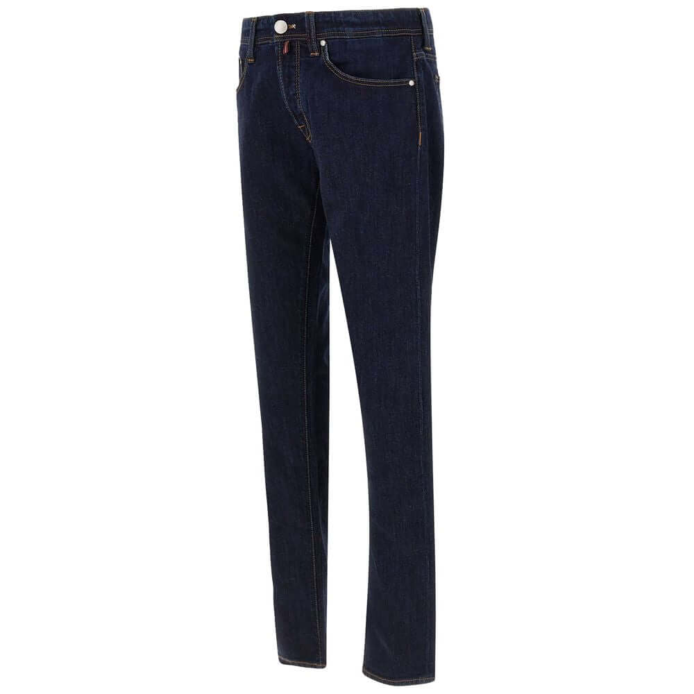 Tramarossa blue cotton jeans, dark blue, regular fit, five-pocket style with blue suede patch and metal logo, high tailoring.