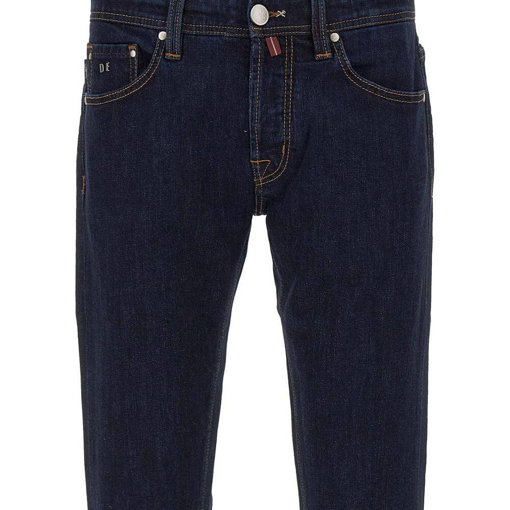 Tramarossa dark blue cotton jeans, high tailoring, regular fit, five-pocket, suede patch, metal logo, stretch fabric.