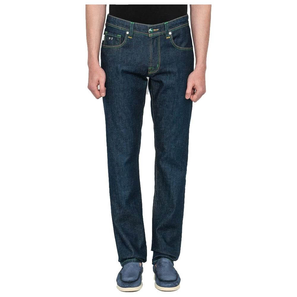 Tramarossa blue cotton jeans with green stitching, shiny button, regular fit, five-pocket design, and suede patch with metallic logo.