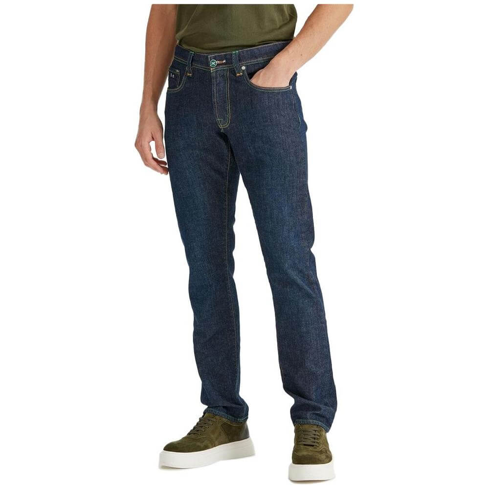Tramarossa blue cotton jeans, green stitching, shiny button, suede patch, regular fit, five-pocket style, green shoes shown.