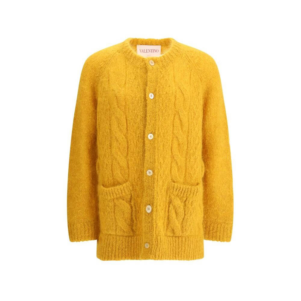 Valentino wool maxi cardigan in yellow with a ribbed crew neck, button closure, front patch pockets, and braided design.