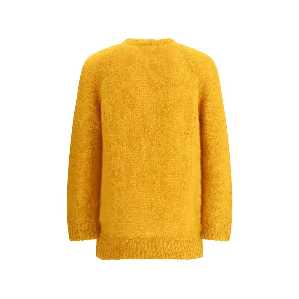 Back view of yellow Valentino wool maxi cardigan with ribbed hem and cuffs