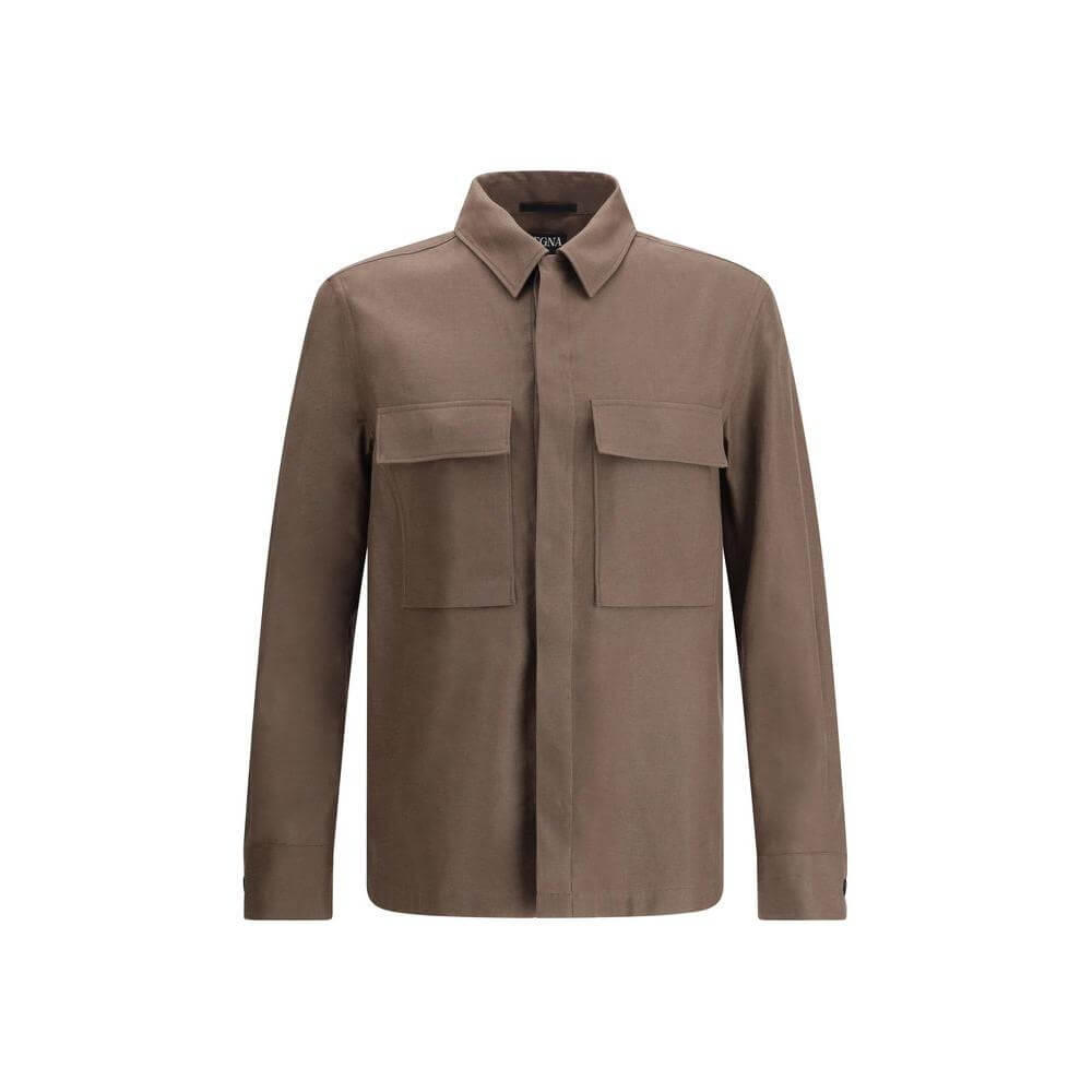 ZEGNA Linen Shirt Jacket with classic collar and concealed button front, featuring two front flap pockets for elegant functionality.