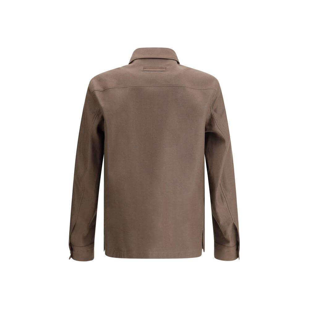 Back view of ZEGNA Linen Shirt Jacket featuring classic collar and sophisticated design in brown.