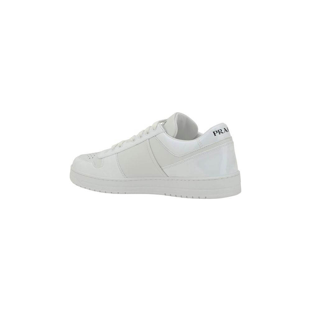 Prada Downtown Sneakers with lace-up closure, enameled plaque, and logo on heel. Stylish leather shoes for casual sophistication.