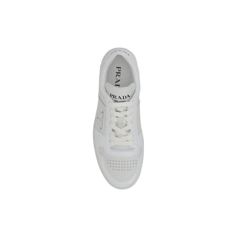Top view of Prada Downtown Sneakers with white leather, lace-up closure, and signature plaque, featuring a perforated toe for breathability.