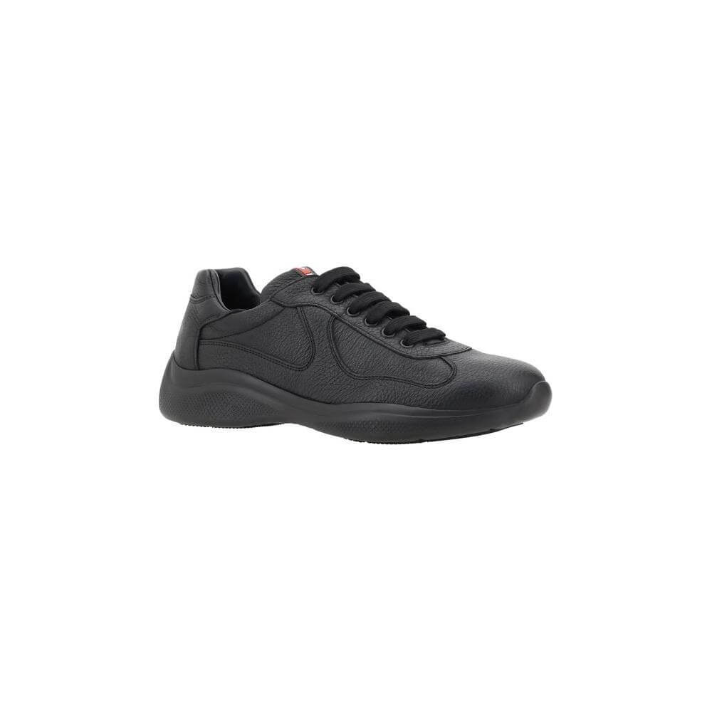 Prada leather sneakers with grained texture, lace-up closure, round toe for comfort, and iconic monogram on tongue.
