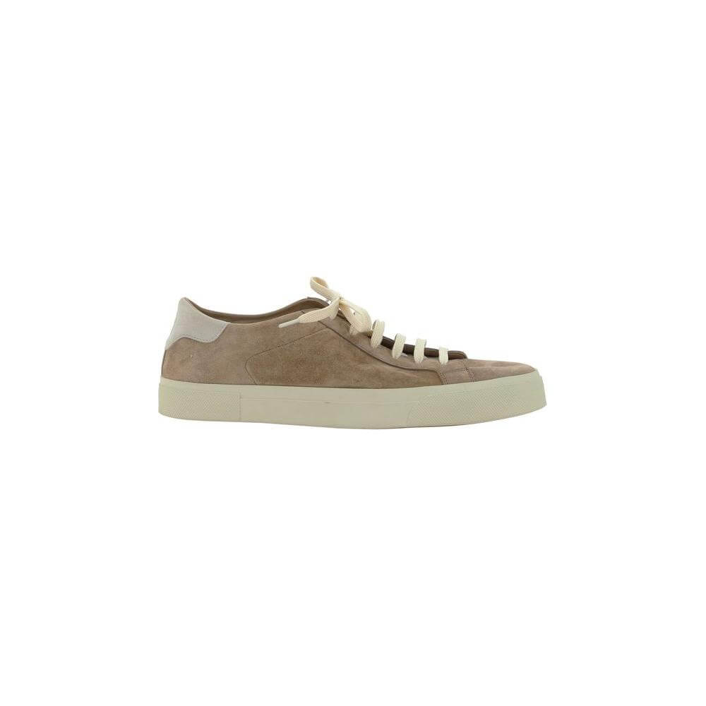 Brunello Cucinelli calfskin suede sneakers with round toe, lace-up closure, and branded heel label.