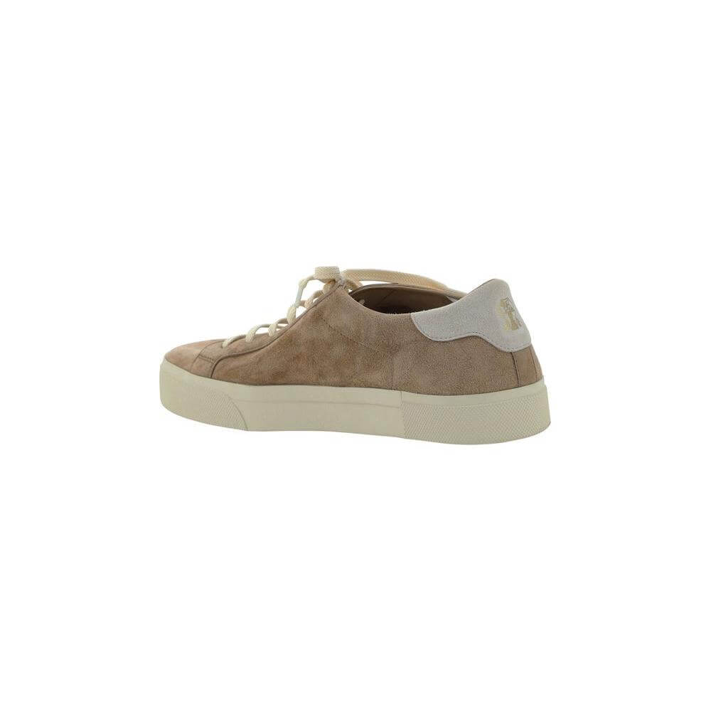 Brunello Cucinelli calfskin sneakers with suede design and lace-up front, featuring a branded heel and insole.