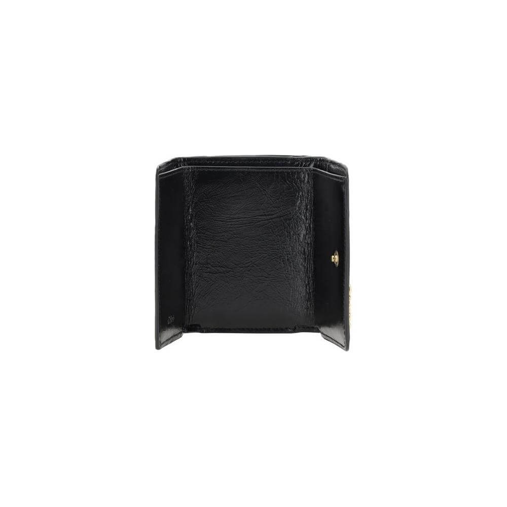 Open view of Chloé trifold wallet, black leather, dual compartments, with iconic logo applique and double snap button closure.