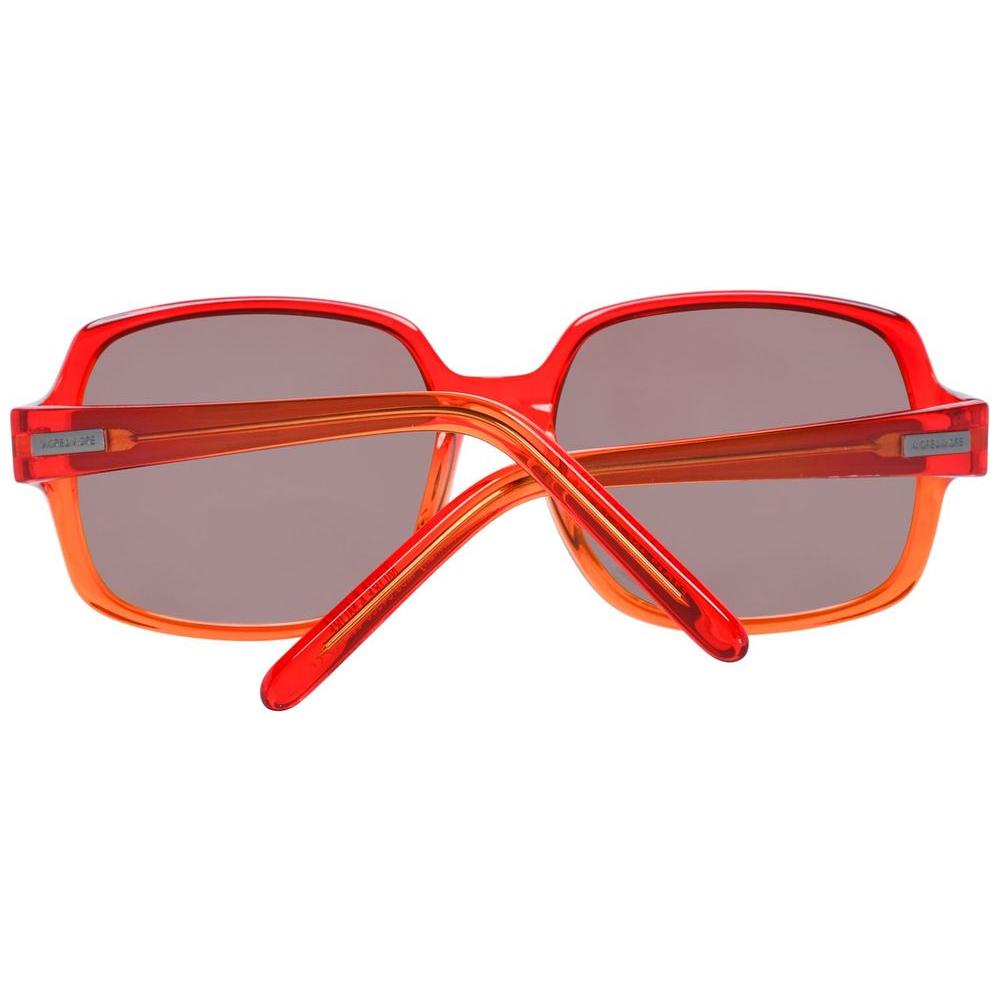 Red plastic square sunglasses with brown lenses, 100% UVA & UVB protection, lens/bridge/temple size 57/17/135 mm.