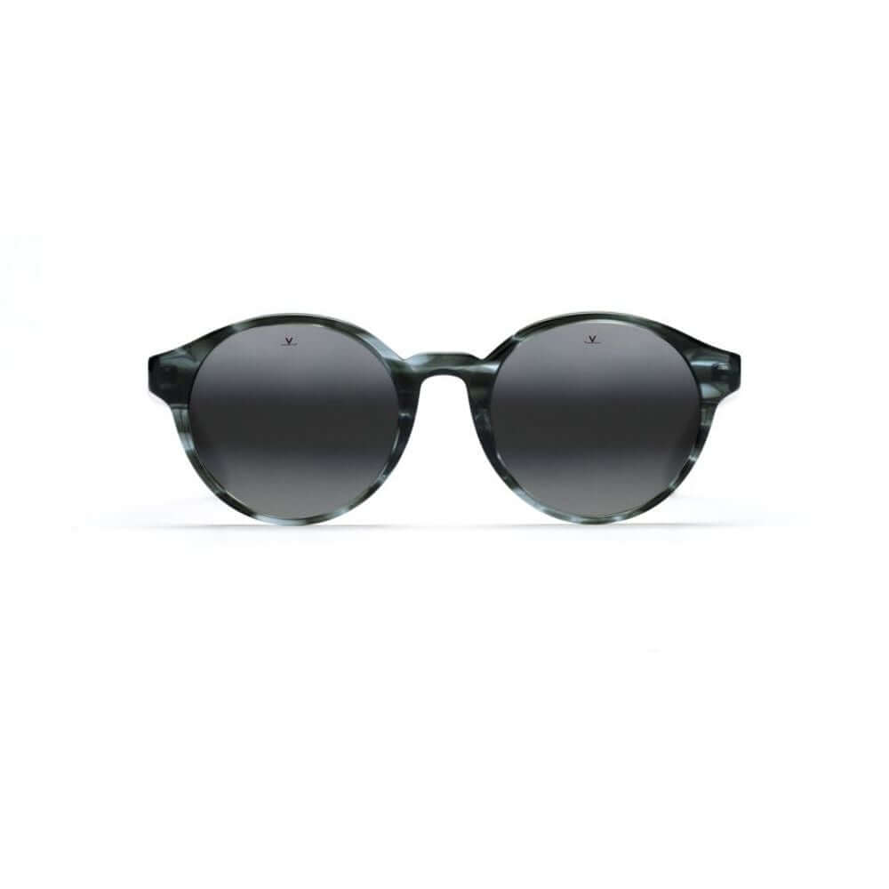 Vuarnet black acetate sunglasses with round frames and grey lenses, model VL20010002113, displaying front full view.