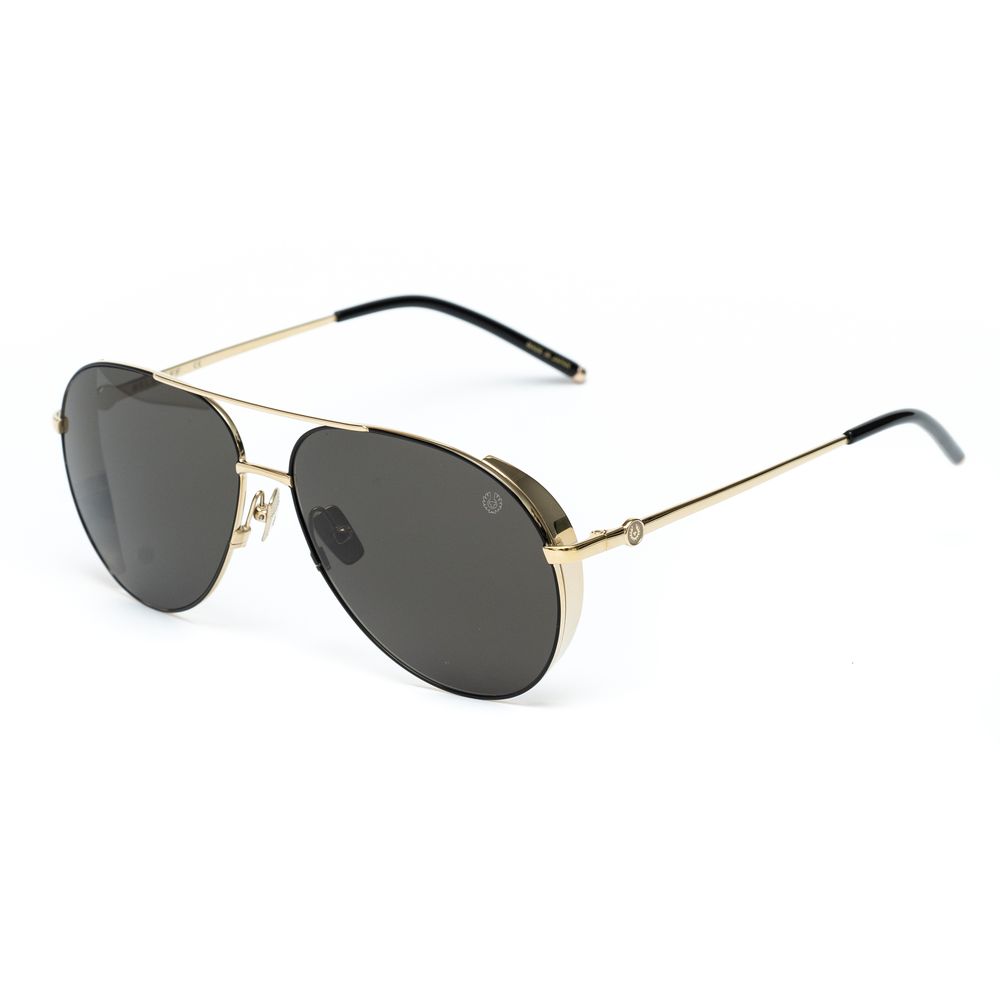 Belstaff Gold Titanium Sunglasses with brown lenses and gold frame, handcrafted in Japan using high-grade materials, size 61/14/145 mm.