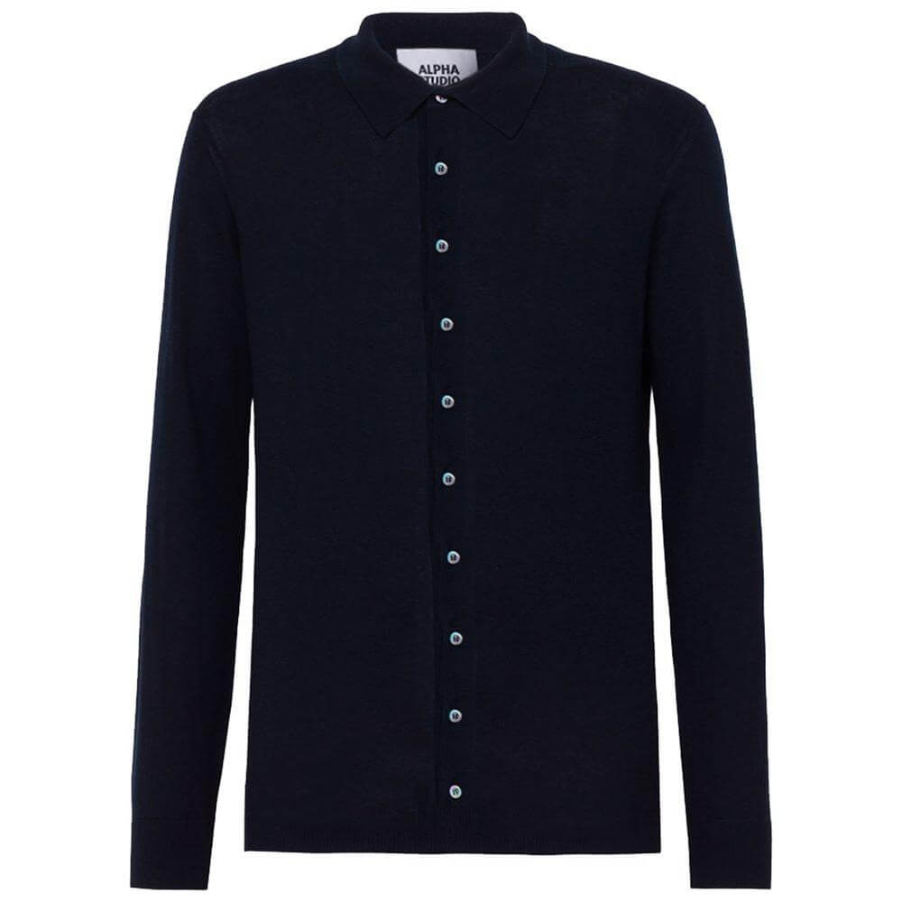Alpha Studio dark blue cotton shirt with long sleeves and button closure for men