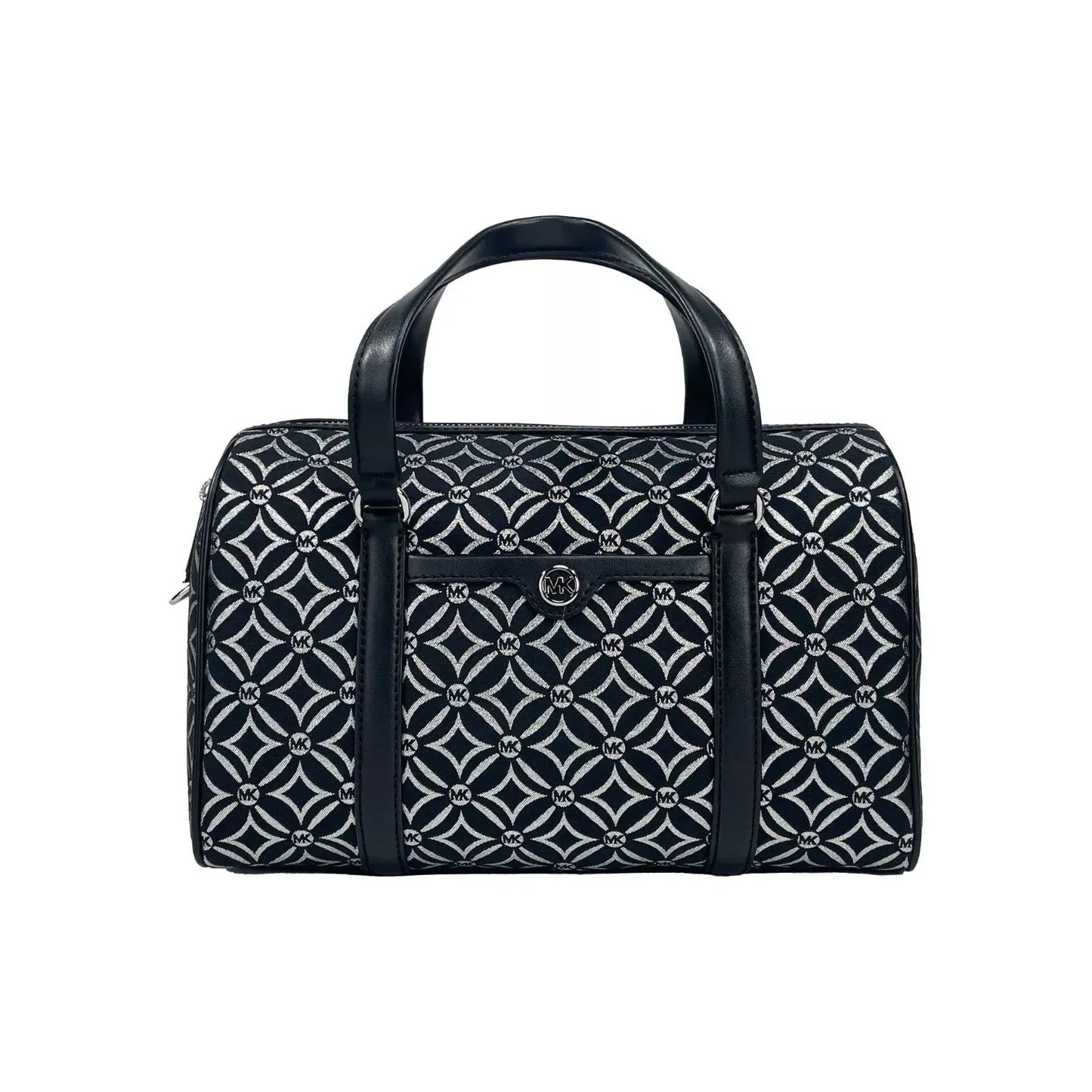 Michael Kors medium duffle crossbody bag in black leather and canvas with geometric pattern, featuring adjustable strap and inner card slots.