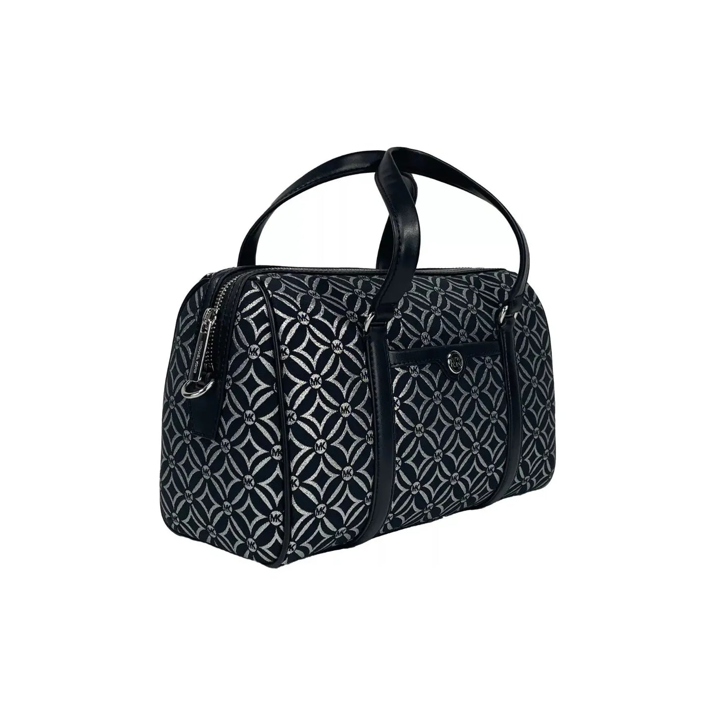 Michael Kors Travel Medium Duffle Crossbody Bag in black with pattern, featuring leather/canvas, adjustable strap, and inner card slots.