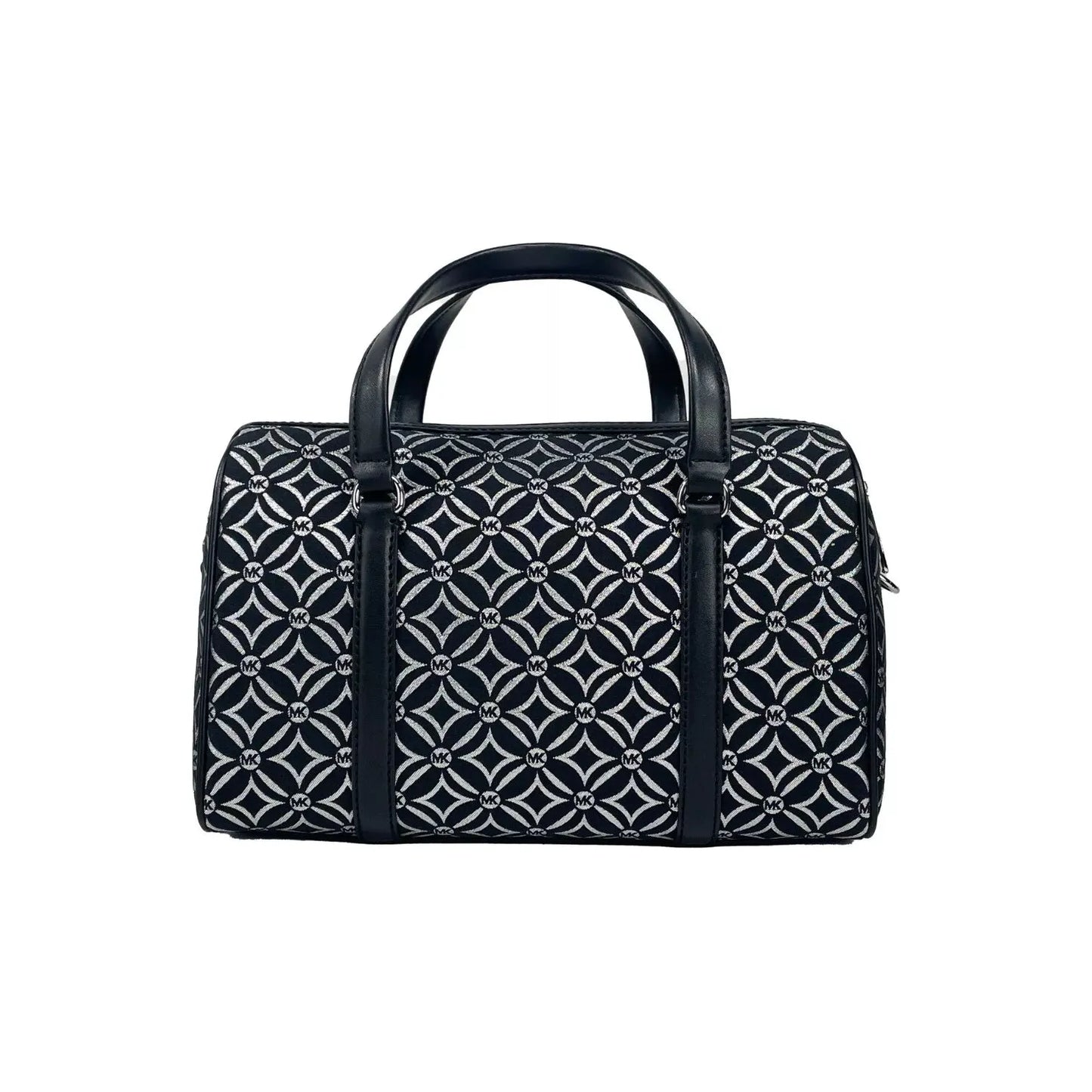 Michael Kors Travel Medium Duffle Crossbody Bag in black leather and canvas with geometric pattern, handles, and detachable strap.
