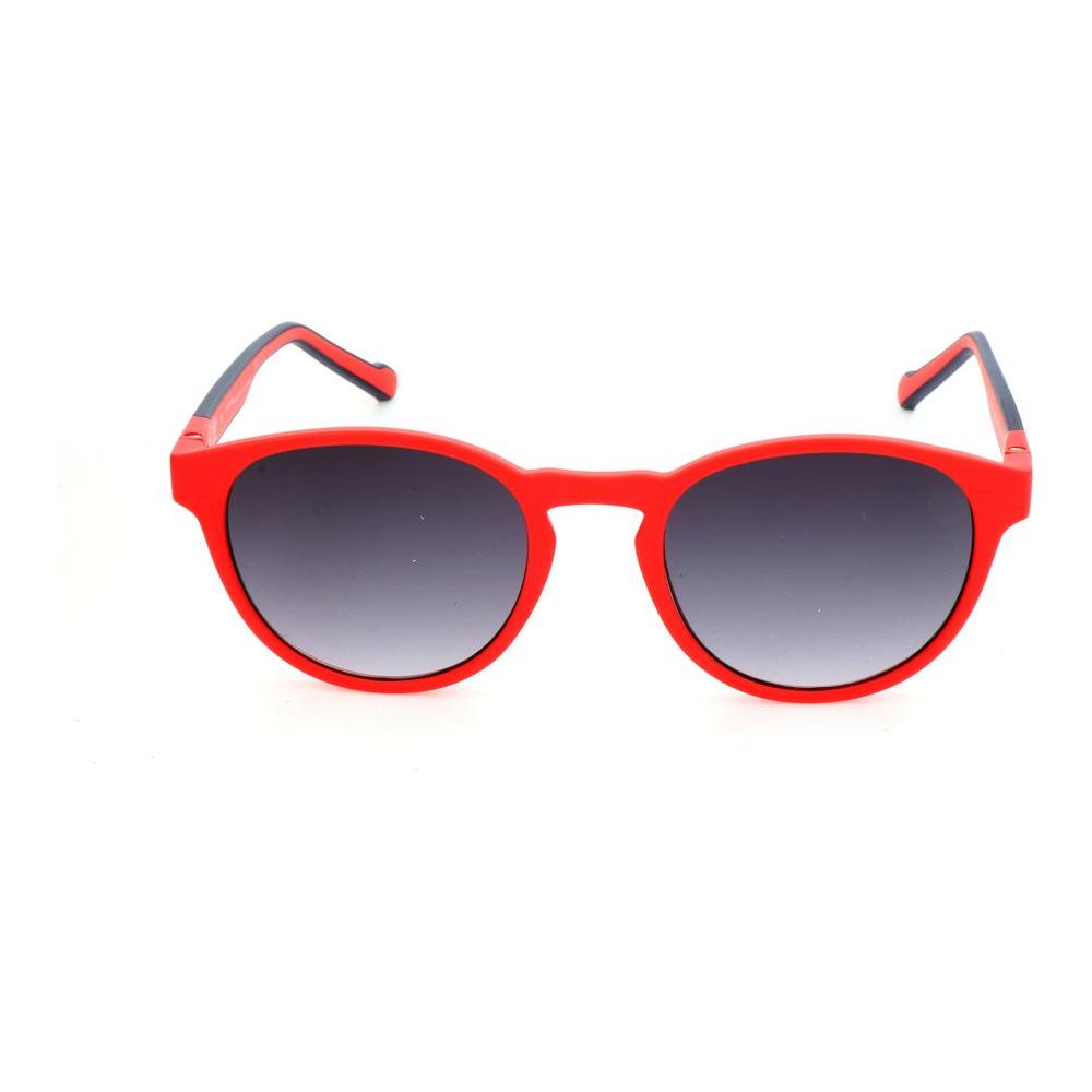 Adidas red acetate sunglasses with gray lenses, model AOR028-053000, featuring 50/20/145mm dimensions for lens, bridge, and temple.